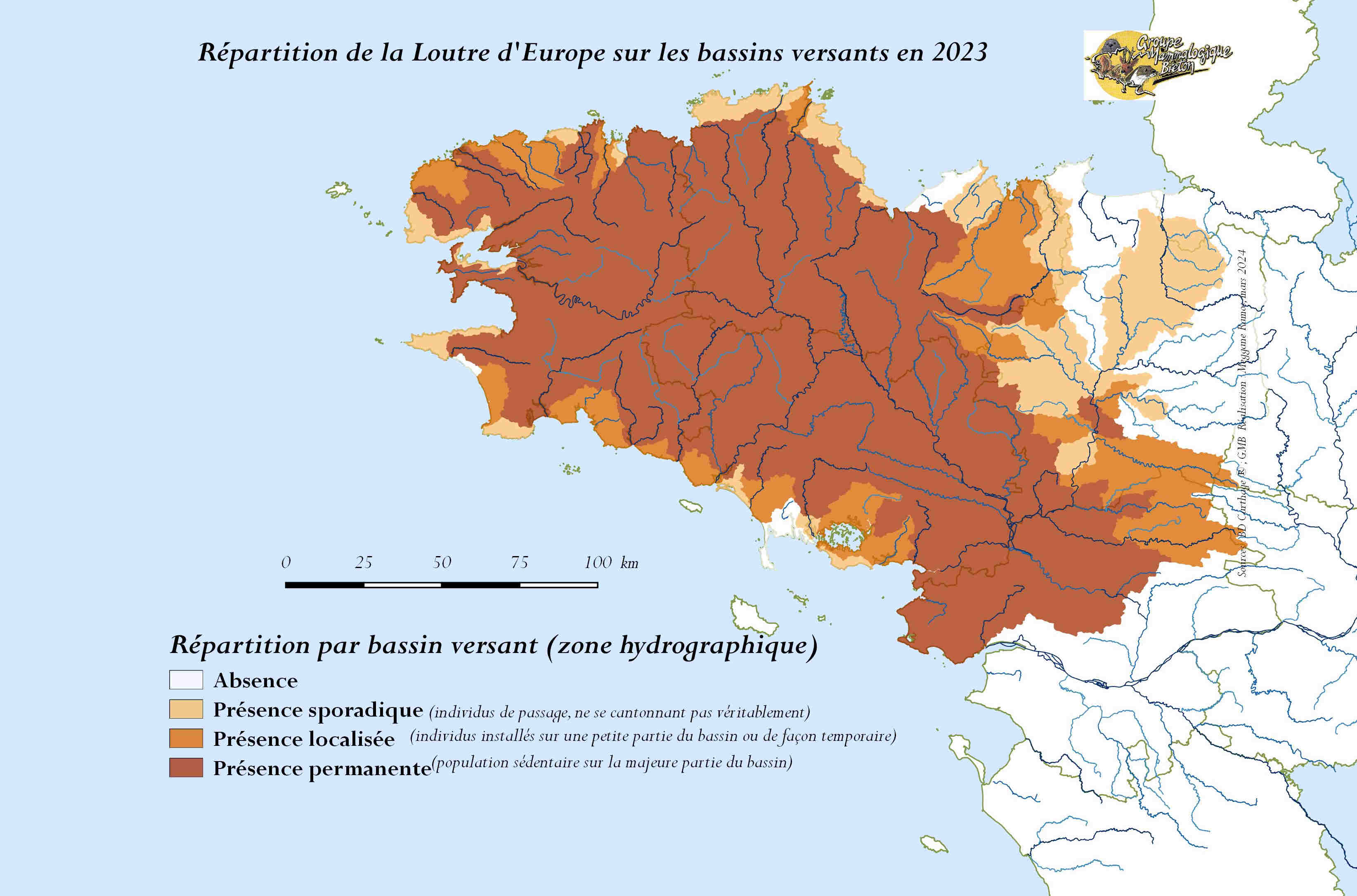 Carte de répartition de la loutre en Bretagne. Source : Groupe mammologique breton. 2023