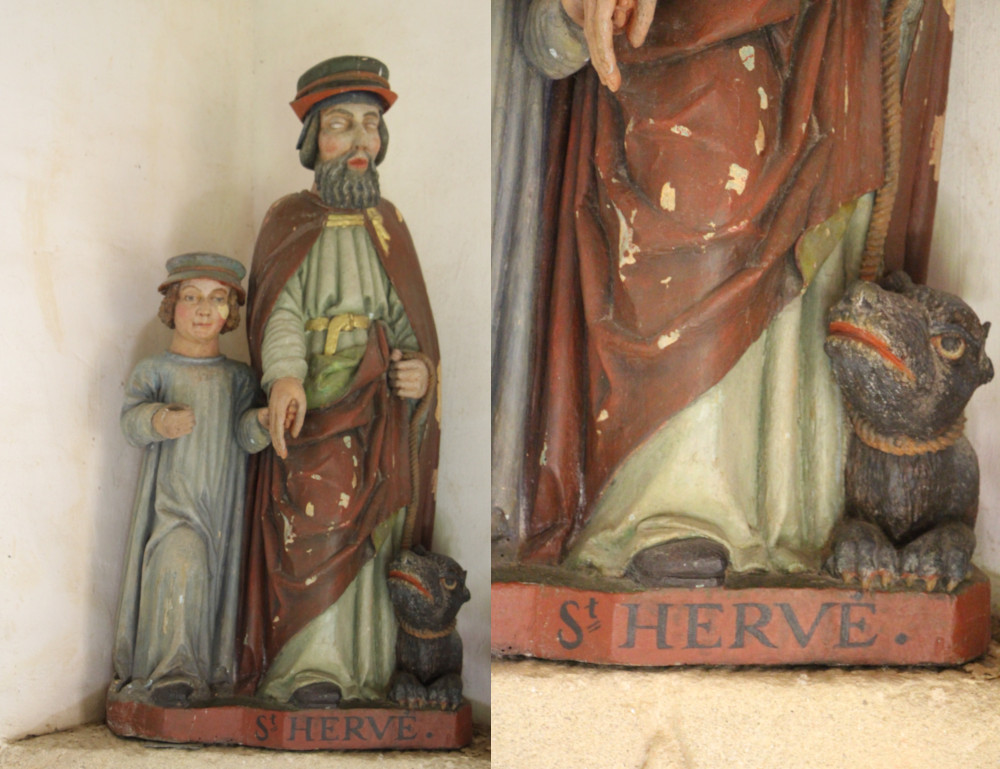 Groupe sculpté saint Hervé, son guide Guiharan et le loup. Chapelle Saint-Houarno, Langoëlan - BCD. Photo Julie Léonard.