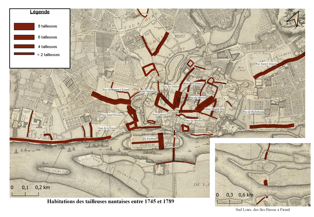 Habitation des tailleuses 1745-1789. Carte réalisée en 2021 par Gillian Tilly et Wilfried Cariou.  
