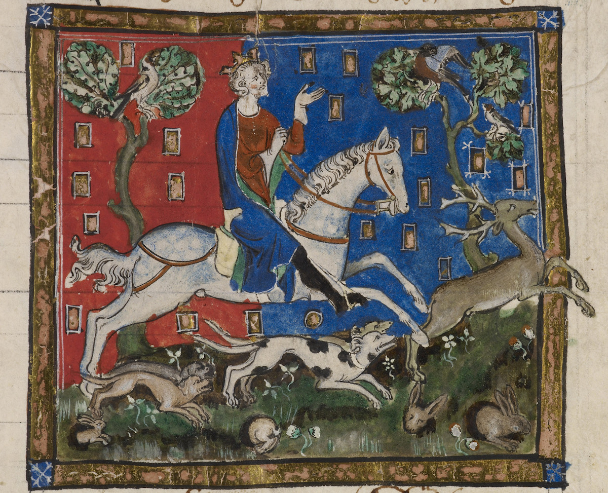 Scène de chasse représentant Jean sans Terre.  Cotton MS Claudius D II, feuillet 116. The British Library.