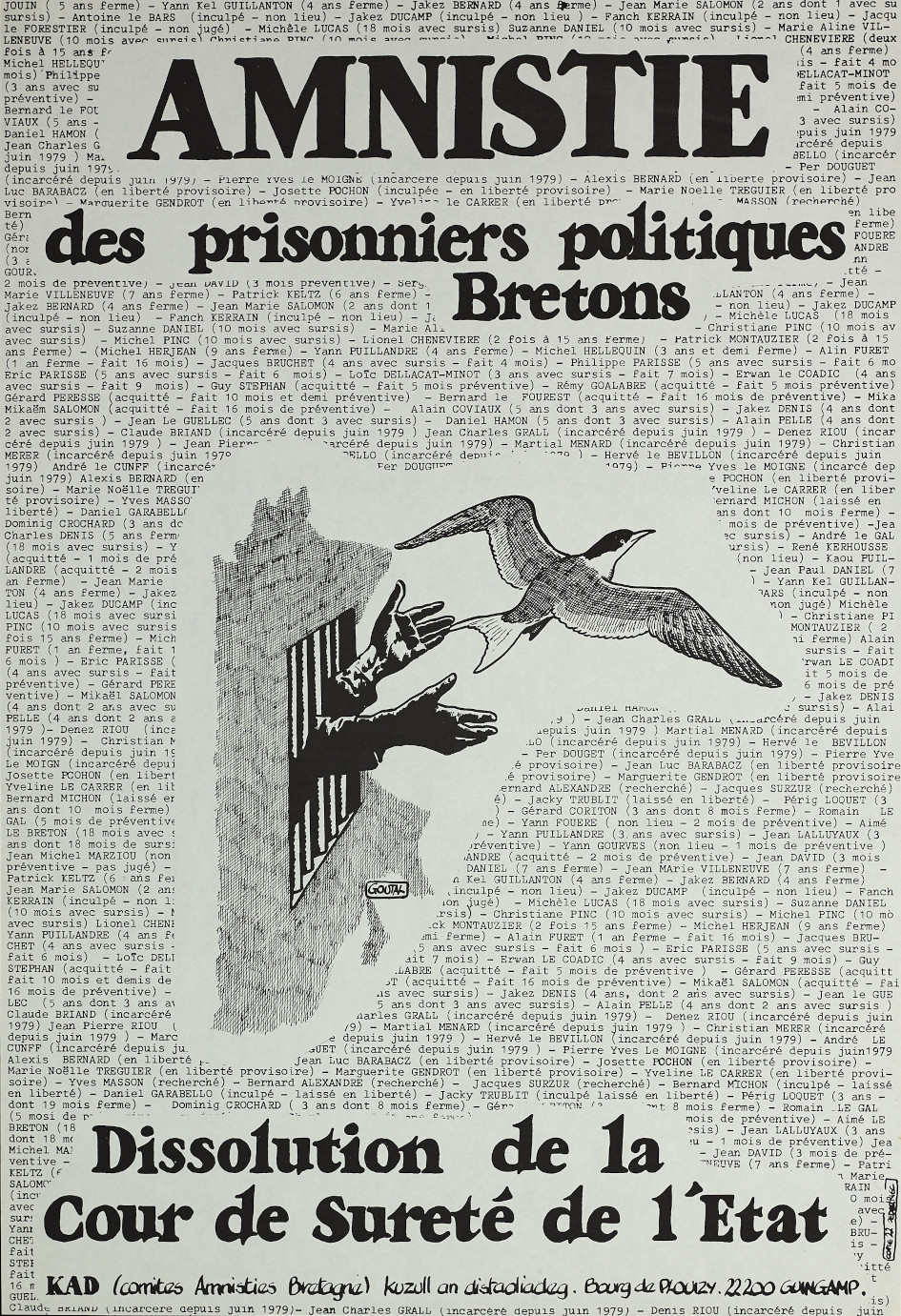 Amnistie des prisonniers politiques bretons, affiche d'Alain Goutal (1980). Collections Musée de Bretagne, Rennes : 2002.0015.59, CC-BY-SA.