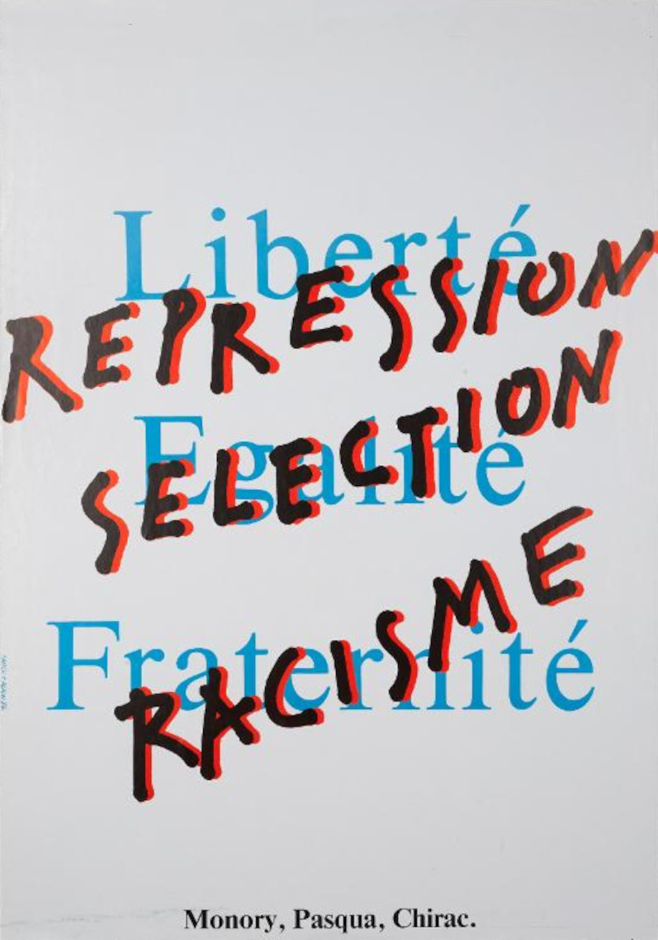 Liberté, Egalité, Fraternité. Répression, Sélection, Racisme. Affiche de Fañch Le Henaff et Alain Quernec (1986). Collections Musée de Bretagne, Rennes: 2010.0032.21, ©Tous droits réservés.