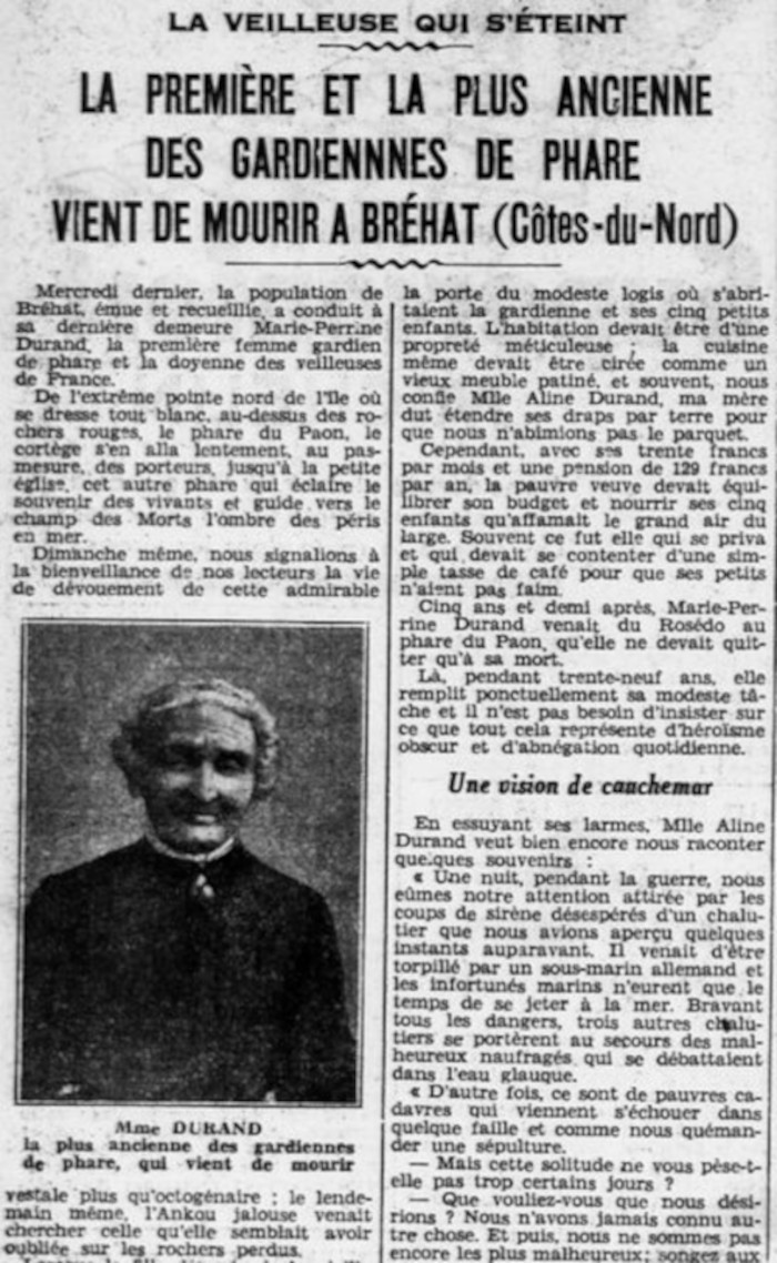Article du journal Ouest Eclair annonçant le décès de Marie-Perrine Durand, publié le 21 janvier 1933. Source : Gallica. Article du journal Ouest Eclair annonçant le décès de Marie-Perrine Durand, publié le 21 janvier 1933. Source : Gallica.