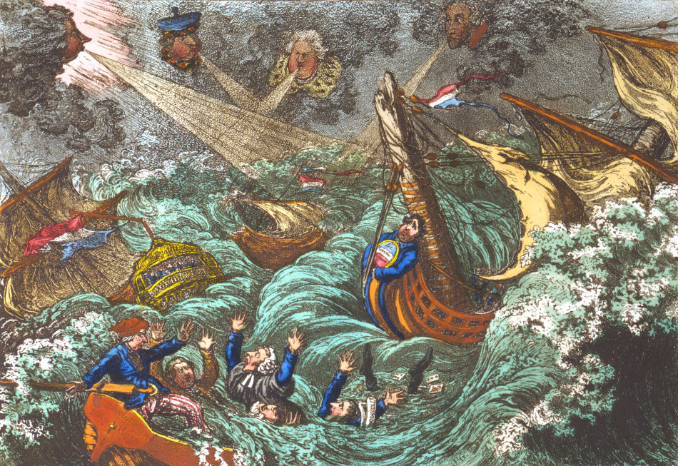 La destruction de l'armada française et la fin de l'expédition d'Irlande. Des navires de guerre, appelés Le Révolutionnaire et L’Egalité, sont drossés vers la côte par une tempête symbolisant la résistance irlandaise. Library of Congress:  LC-USZC4-8768.