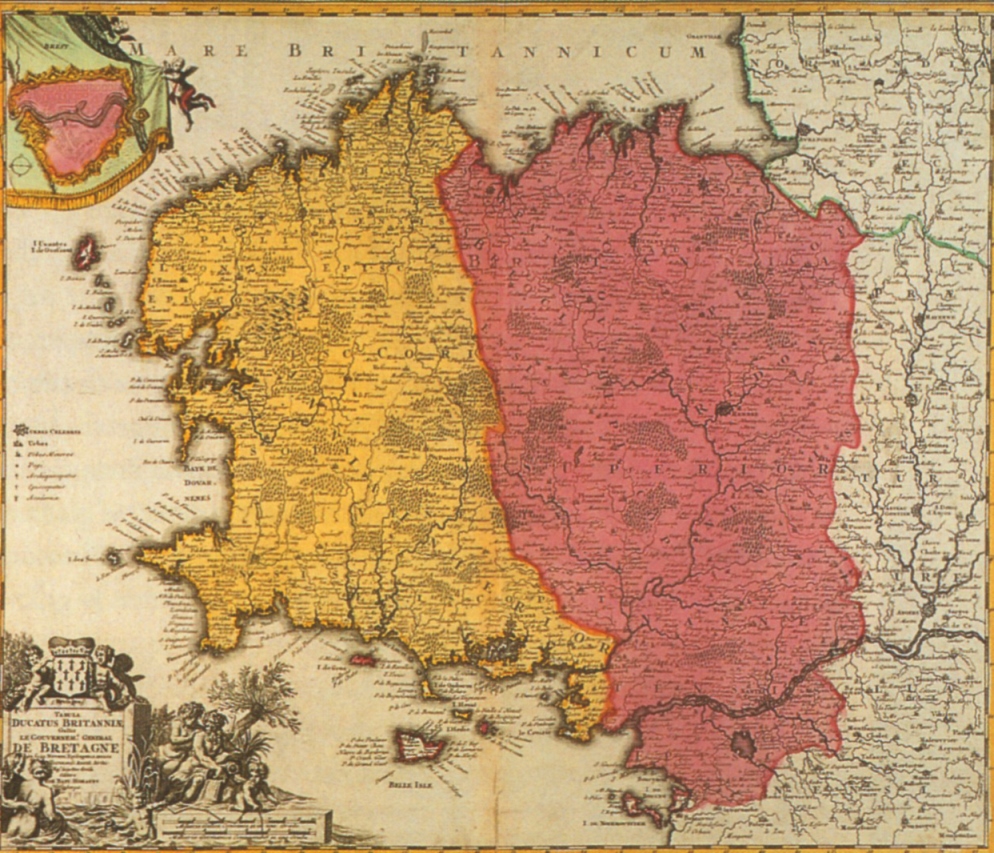 Carte du XVIIe siècle, en couleur - CRBC Après d'Argentré, la frontière linguistique figure ensuite sur seize autres cartes, parmi celles qui sont publiées jusqu’en 1795, dont cette carte du XVIIe siècle.