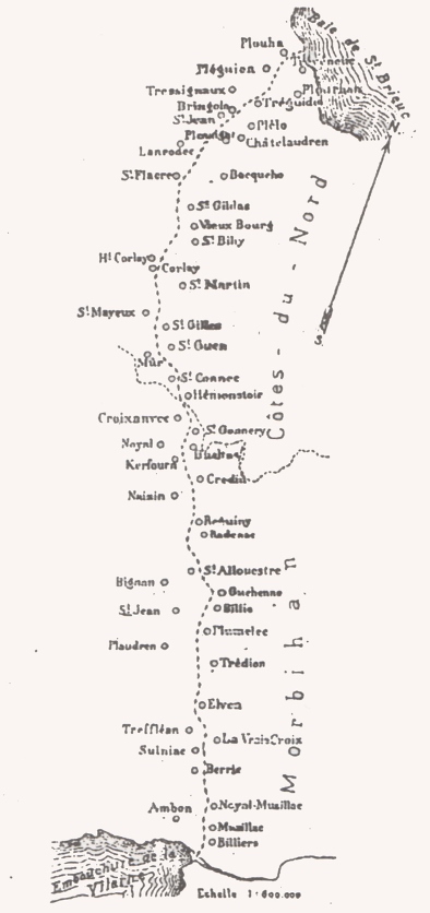 Carte Sébillot : extraite de sa publication de 1886 - CRBC La carte d'ensemble, par communes, des limites du français et du breton, telle qu'elle a été publiée par Paul Sébillot dans la Revue d'Ethnographie, en 1886.