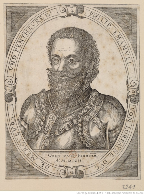 A head-and-shoulder portrait of the Duke of Mercoeur, face turned slightly to the left, in an oval border which reads: Philip : [etching] Crédit : Bibliothèque nationale de France, département Estampes et photographie, RESERVE FOL-QB-201 (13)