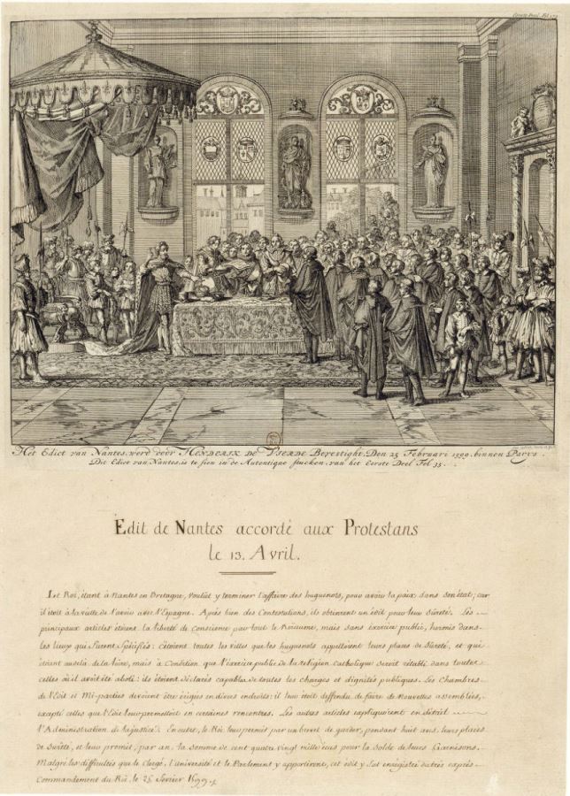 Edit de Nantes accordé aux Protestants le 30 avril 1598. Signature au château des ducs de Bretagne Crédit : Jan Luyken, Proclamation de l'édit de Nantes, Département des estampes et de la photographie de la BnF, QB-1 (1598)-FOL 