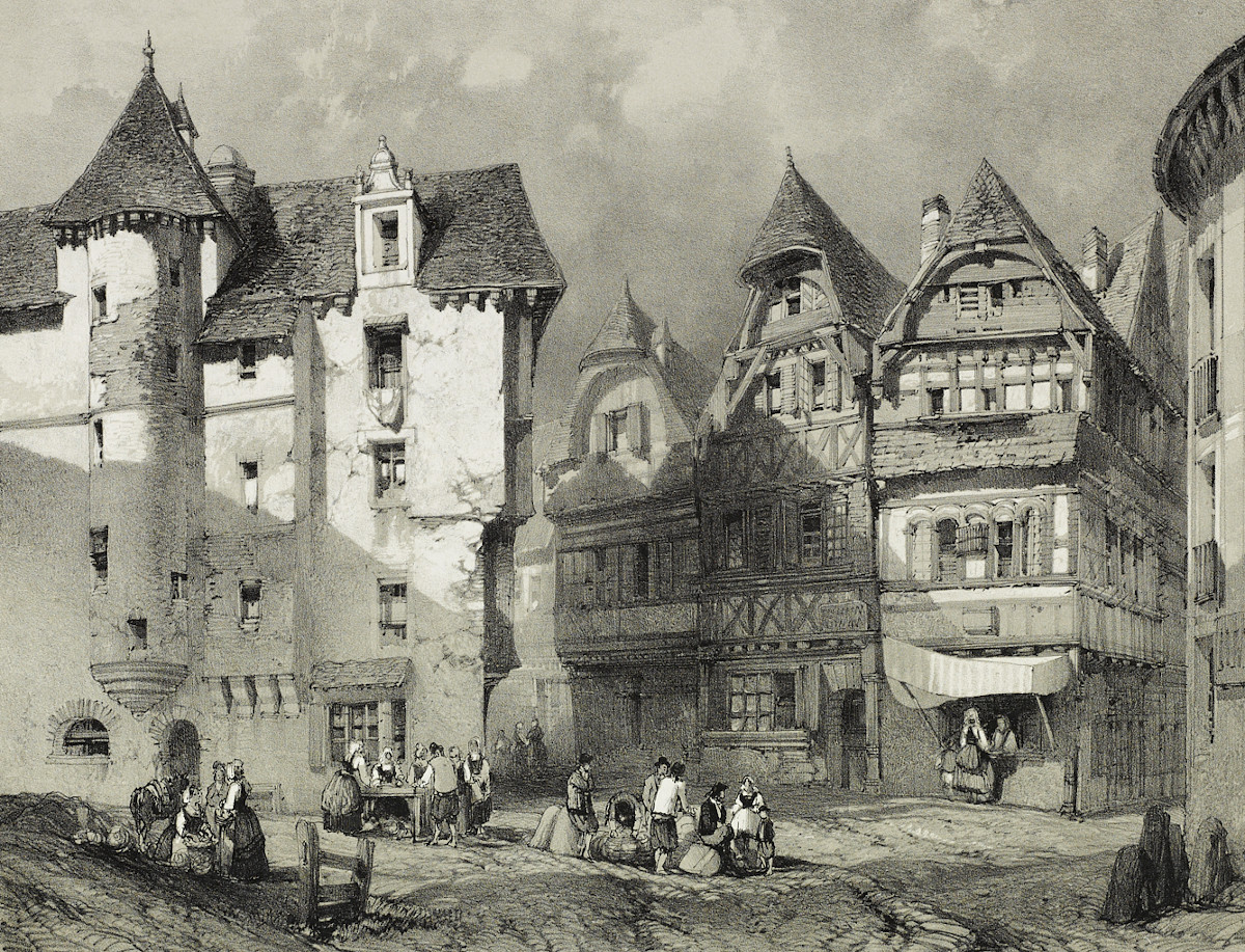 Ancienne place de la Halle à Landerneau. Lithographie A. Mayer. Musée de Bretagne : 2016.0000.7973.