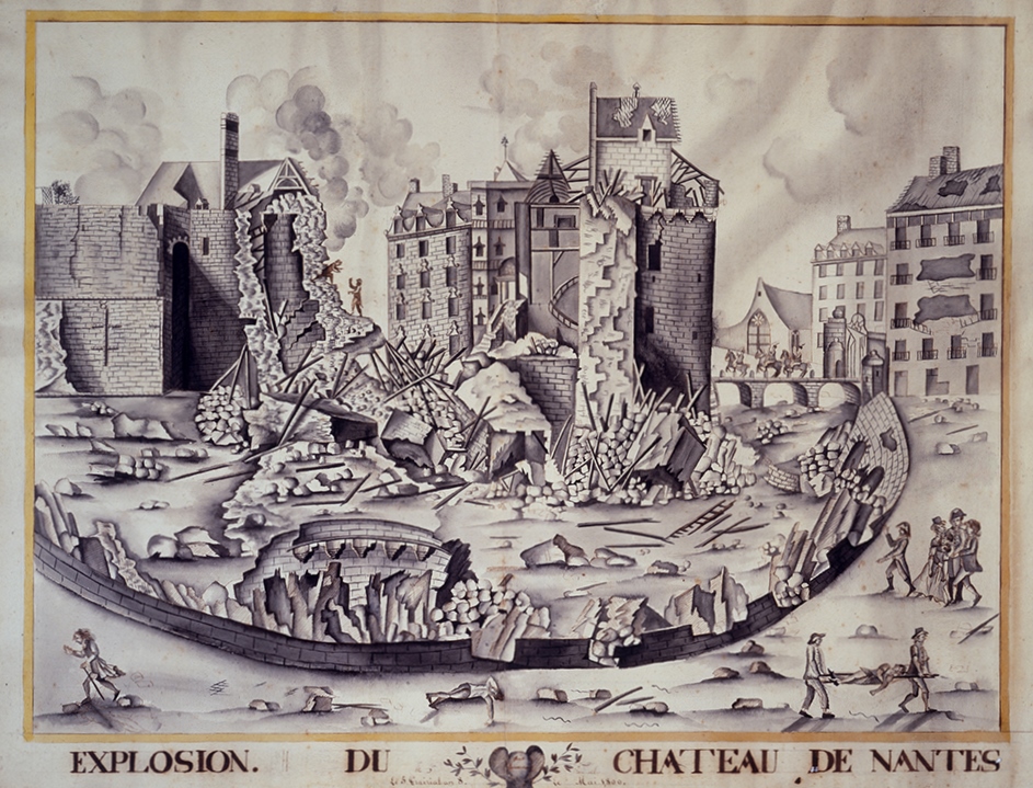 Représentation naïve de l’explosion de la tour des Espagnols en 1800. Crédit : Château des ducs de Bretagne – Musée d’histoire de Nantes