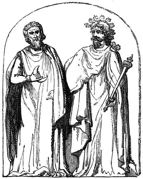 Deux druides sur le bas relief d’Autun. Charles Knight. London, 1848. Old England: A Pictorial Museum. Source: Wikipédia. 