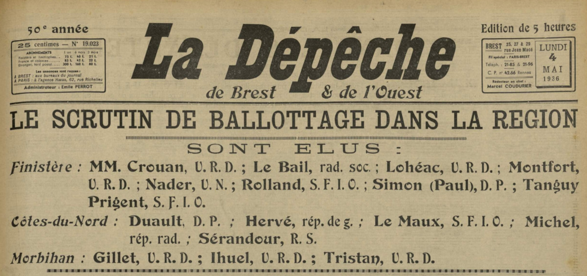 Disoc’hoù eil tro dilennadeg an deputeed e 1936, embannet gant La Dépêche de Brest.