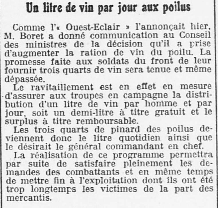 « Un litre de vin par jour aux poilus », L’Ouest Éclair, 16 a viz Genver 1918