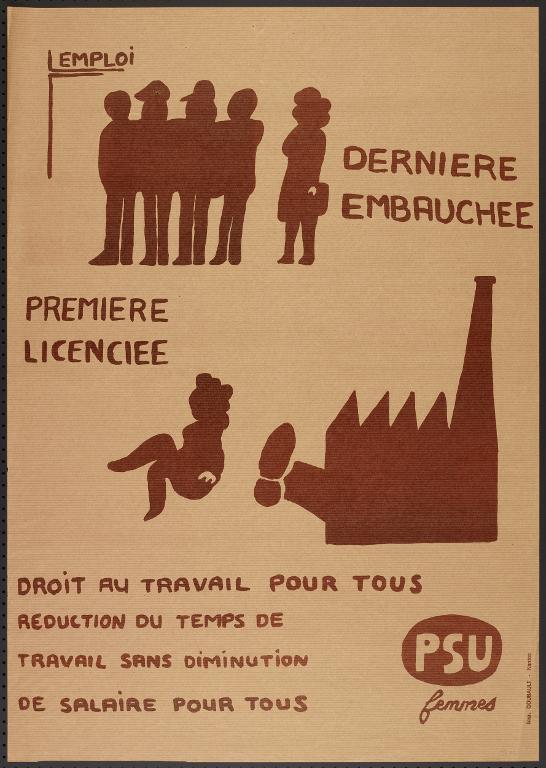 Dernière embauchée / première licenciée, affiche du mouvement féministe breton, 1975 – CC BY NC ND – Collection Musée de Bretagne, Rennes.