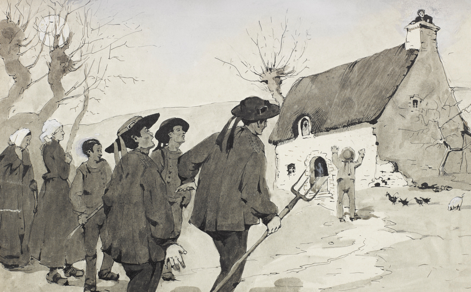 Un groupe de paysans. Gouache et lavis sur papier par H. Baillif, sans date. Musée de Bretagne : 998.0058.40.