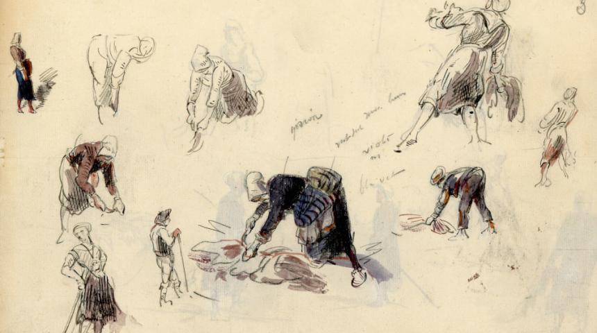 Esquisse de goémonière par Louis-Marie Faudacq, douanier, peintre et graveur français. Il a documenté de façon unique le ramassage du goémon au Sillon de Talbert (Pleubian) à la fin du XIXe siècle. Source : Wikimedia Commons.