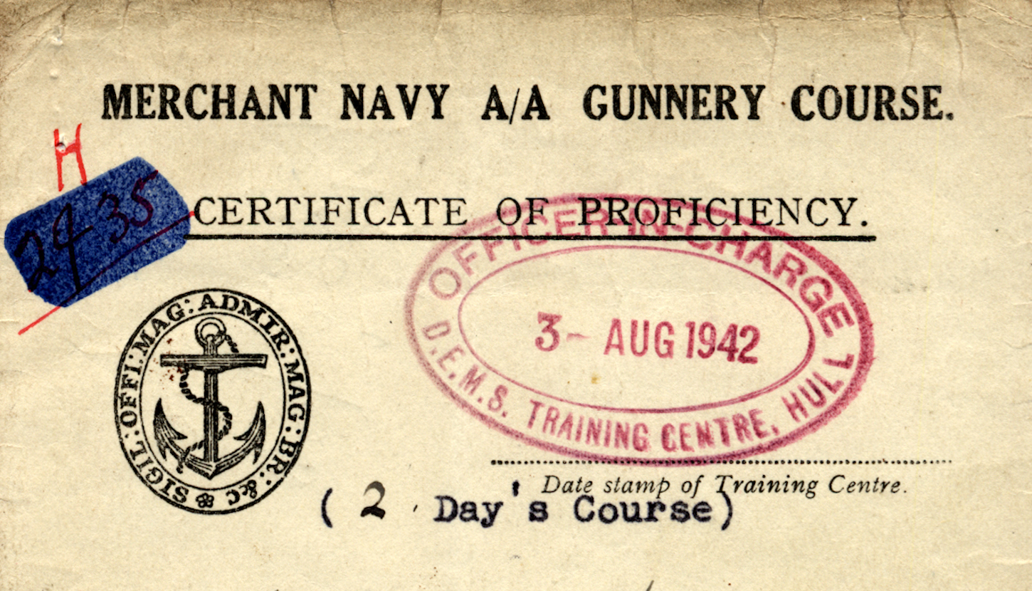 Certificat à l'emploi de canonnier délivré à un Français libre affecté à un navire de la marine marchande. Collection particulière.