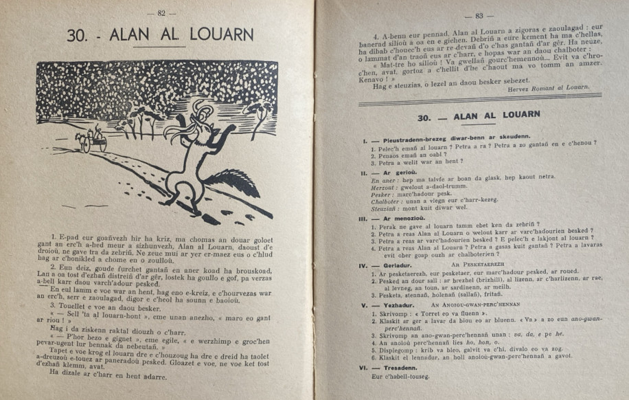 Méthode ''Me a lenno''. Récit court mettant en scène un renard, accompagné exercices d'orthographe et de grammaire. Source : CRBC