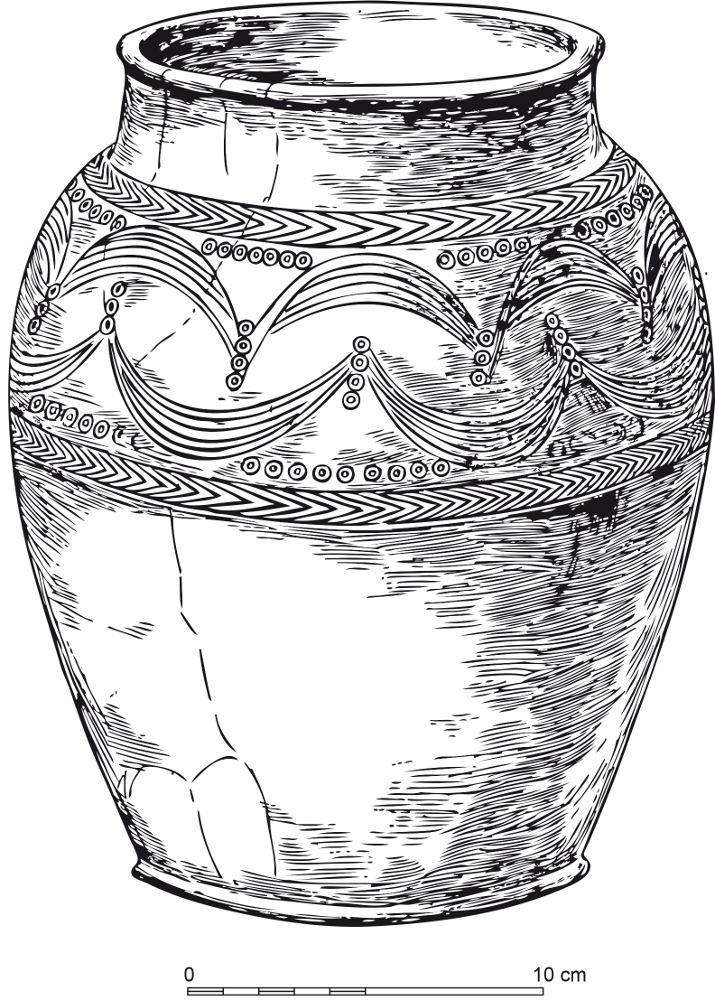 Vase incisé et estampé découvert à Glastonbury (Somerset, Roayume-Uni), Second âge du Fer - Photo Gadea Cabanillas de la Torre d’après un dessin d'A. Bulleid et H. St John Gray (1911)
