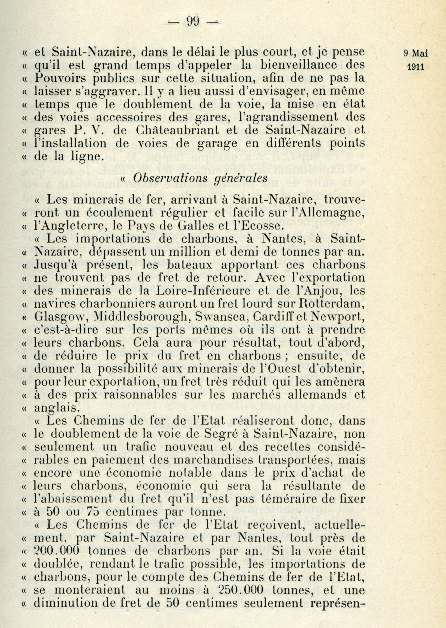 Extrait d’un PV de conseil municipal de 1911. Une ligne de chemin de fer reliait directement Châteaubriant à Saint-Nazaire depuis 1885 - Archives municipales de Saint-Nazaire
