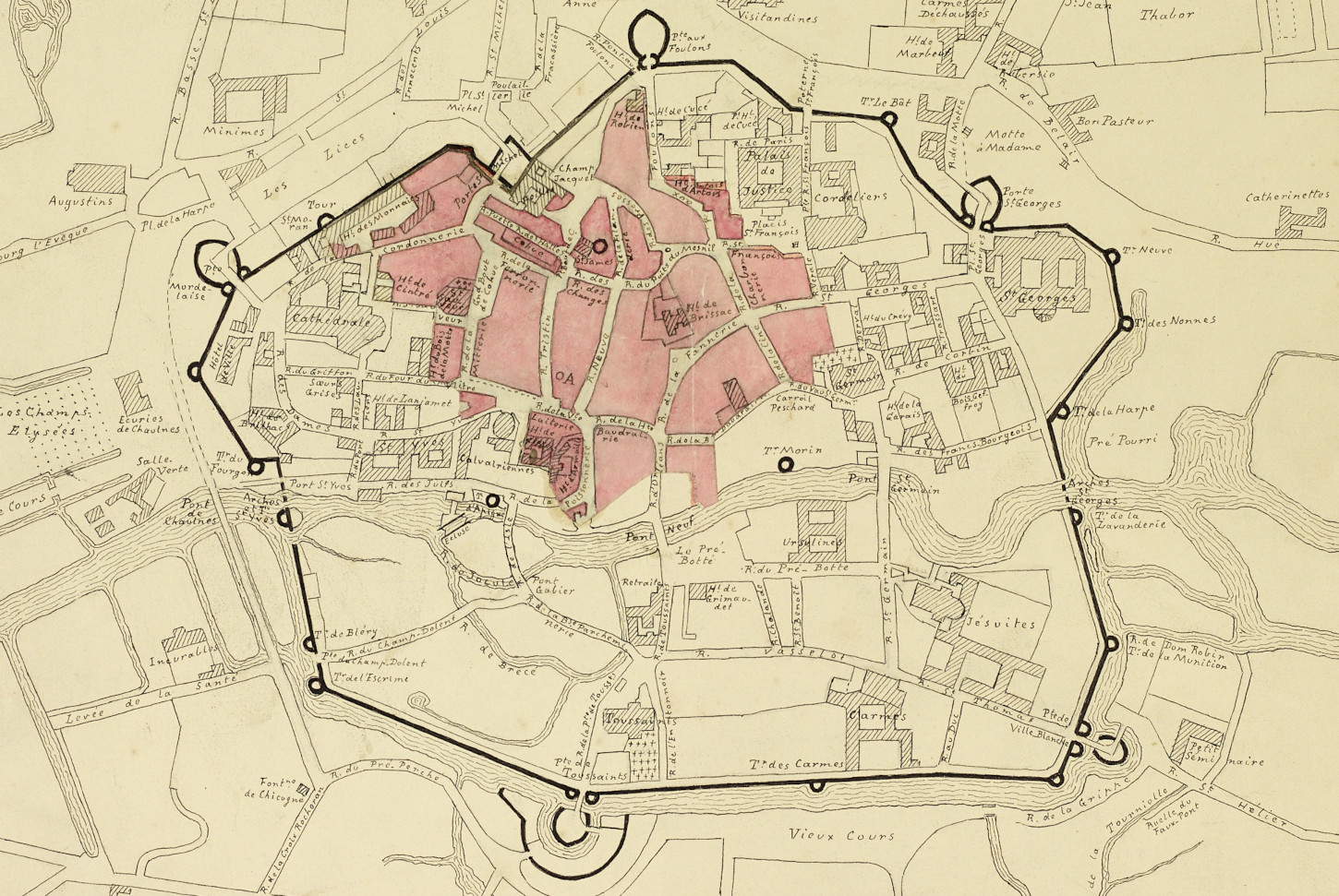Plan de Rennes avant le grand incendie de 1720 réalisé par Paul Banéat (1856 - 1942). La lettre "A" marque le point de départ de l'incendie. Musée de Bretagne :  2018.0000.1473.