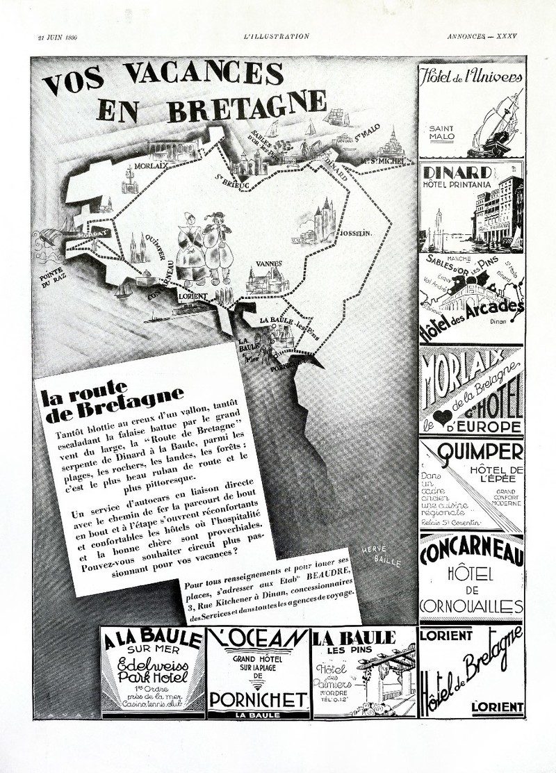 Cette publicité des années 1920 donne une bonne idée des principales stations de Bretagne et illustre ce que pouvait être un tour de Bretagne en automobile - Collection Jean-Luc Cloarec