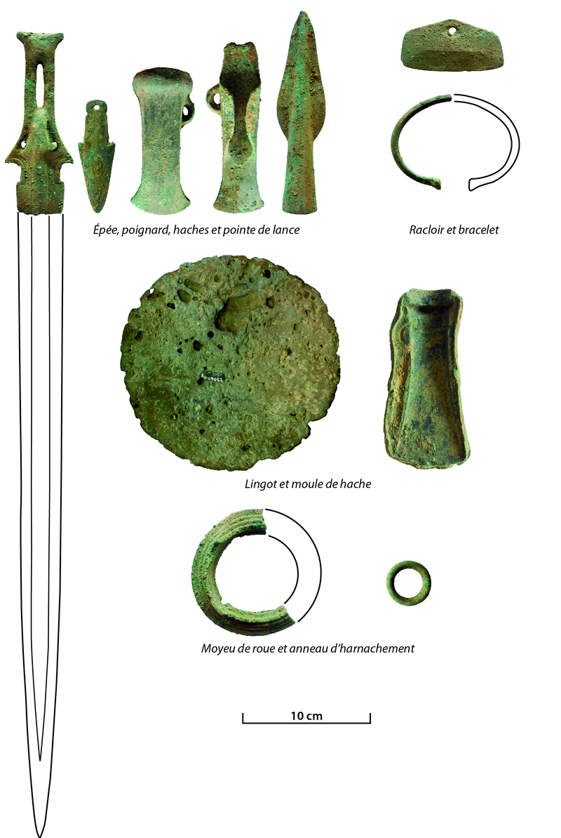 Sélection d’objets des dépôts de Kergaradec à Gouesnac’h (Finistère), datés de la fin de l’âge du Bronze (950-800 av. n. è. ; clichés M. Mélin, C. Le Carlier).