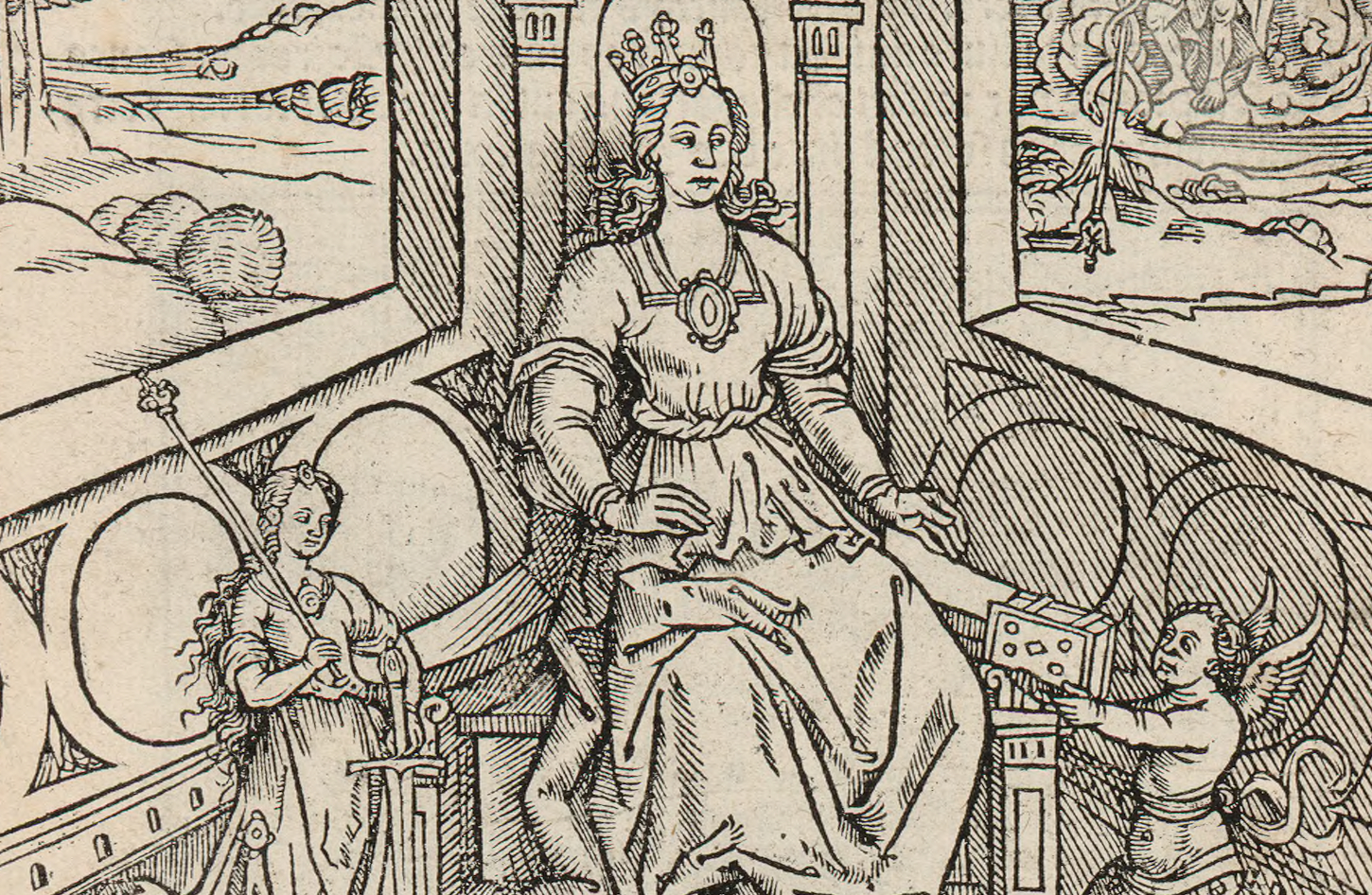 Anne de Bretagne sur son trône, estampe du XVIe siècle (détail). Gallica / Bibliothèque nationale de France: Estampes et photographie, RESERVE FOL-QB-201 (3).