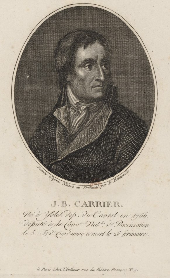 J.B. Carrier né à Yolet dep. du Cantal en 1756. député à la Conv. on nat.lles d.te daccusation le 5 fri.re condamné à mort le 26 frimaire : [estampe] / dessiné d'après nature au tribunal par F. Bonneville, décembre 1794 - Gallica/Bnf