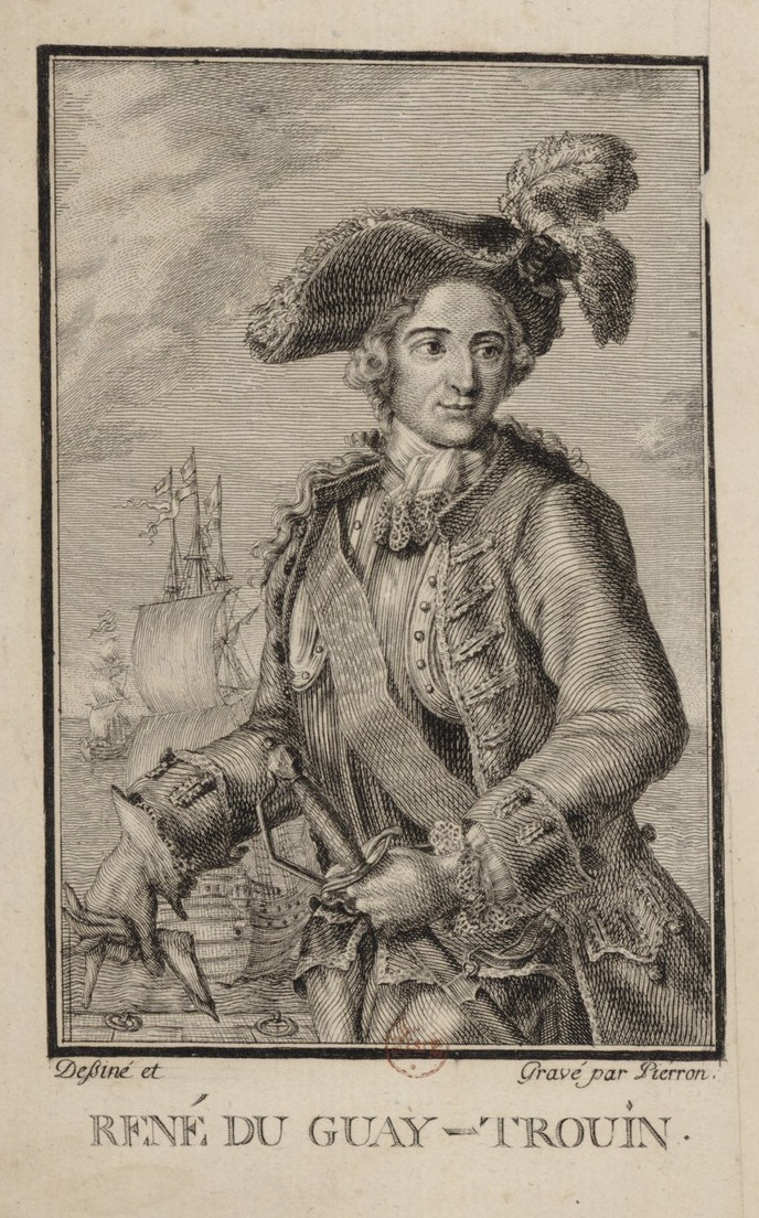 Poltred hanter-korf René du Guay-Trouin, troet e du dehou a dri c’hard – stamp gant Pierron (BNF)