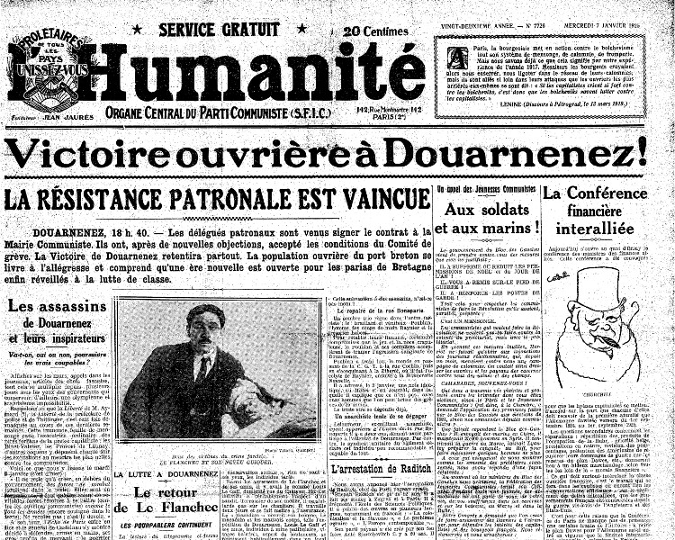 N° du 7 janvier 1925 de l’Humanité. Pour le jeune PCF et la CGT-U c’est un succès total. La victoire ouvrière à Douarnenez fait de cette ville un des phares du communisme en France. L’ancrage communiste y sera durable, incarné par son maire Le Flanchec jusqu’en 1940.