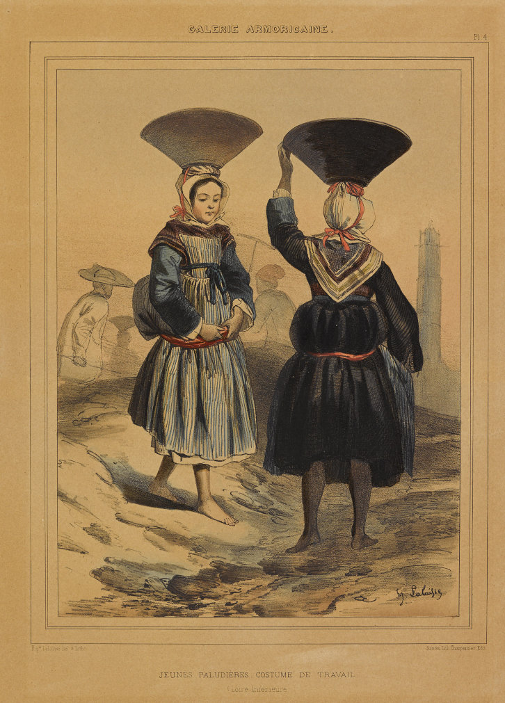 Jeunes paludières en costume de travail.  Estampe d’Hipplolyte Lalaisse (1812 - 1884). Source : collections du Musée de Bretagne, Rennes.