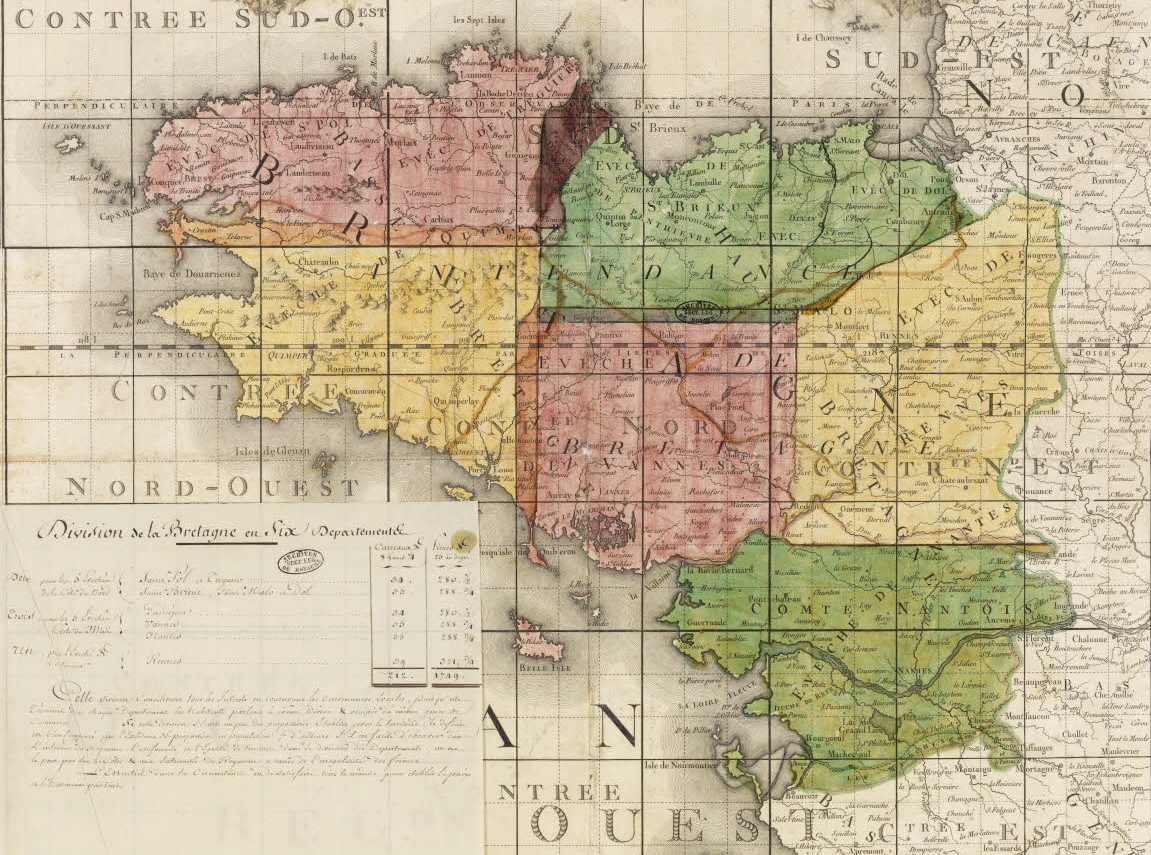 Carte de la division de la Bretagne en 6 départements (décembre 1789)
