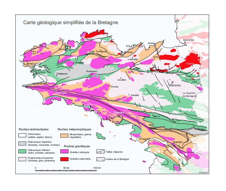 Carte géologique simplifiée de la Bretagne.