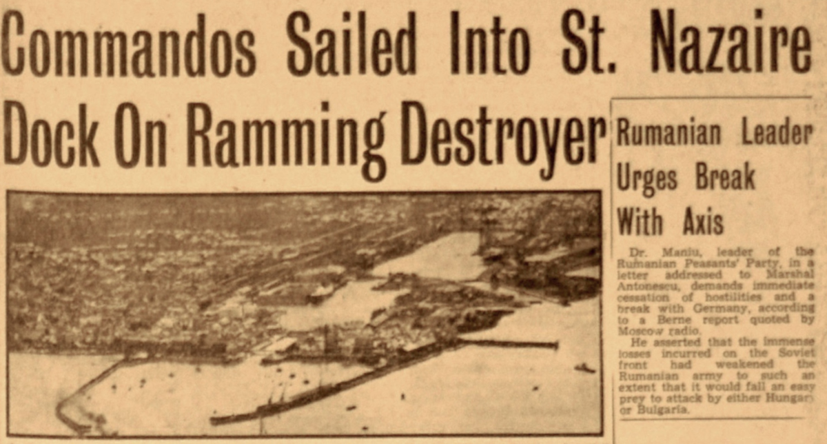 Le 30 mars 1942, le raid sur Saint-Nazaire fait les gros titres de la presse britannique comme ici avec News Chronicle. Collection David Silvestre.