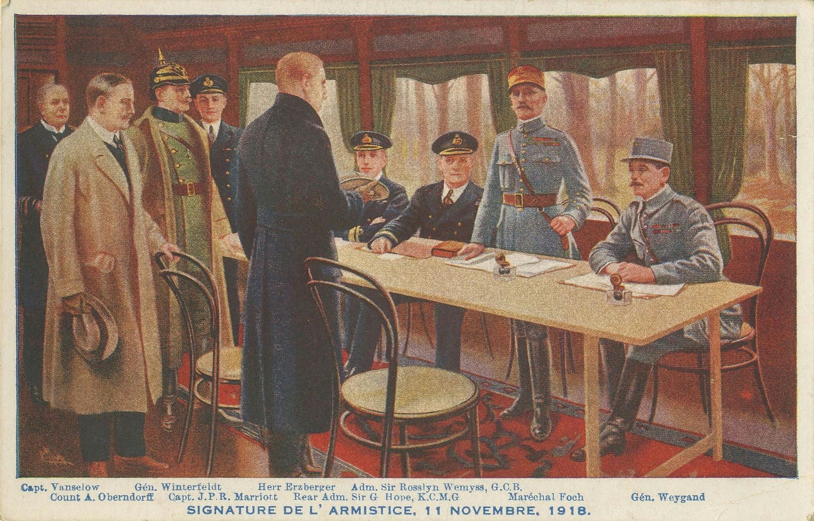 Le 11 novembre 1918, dans le wagon de commandement du maréchal Foch stationné en la clairière de Rethondes, les plénipotentiaires allemands face au maréchal Foch. Carte postale. Le Carton Voyageur : AA00037713.