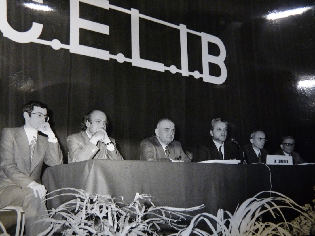 Assemblée générale du CELIB le 27 octobre 1973 à Pontivy. On reconnaît Per Denez (2e à gauche, Georges Lombard (4e), Joseph Martray (6e) - Archives départementales d’Ille-et-Vilaine.30 J 376.
