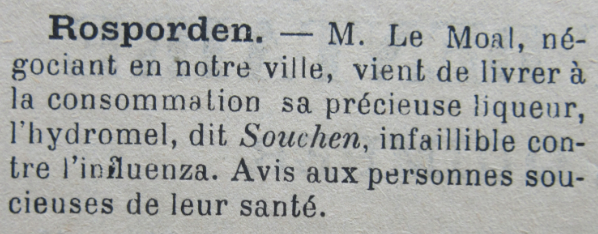Extrait du journal dans lequel apparaît pour la première fois le mot « chouchen », sous la forme « Souchen ». Source : Union agricole et Maritime (15 novembre 1895), coll. CRBC.