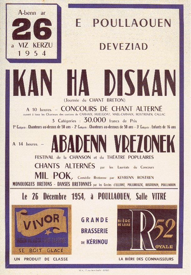 C’est en 1954, à Poullaouen, que Loeiz Ropars organise un premier « concours de kan ha diskan » afin de former des couples de chanteurs susceptibles de mener des danses chantées dans le cadre des festoù-noz qu’il a dans l’idée de relancer.