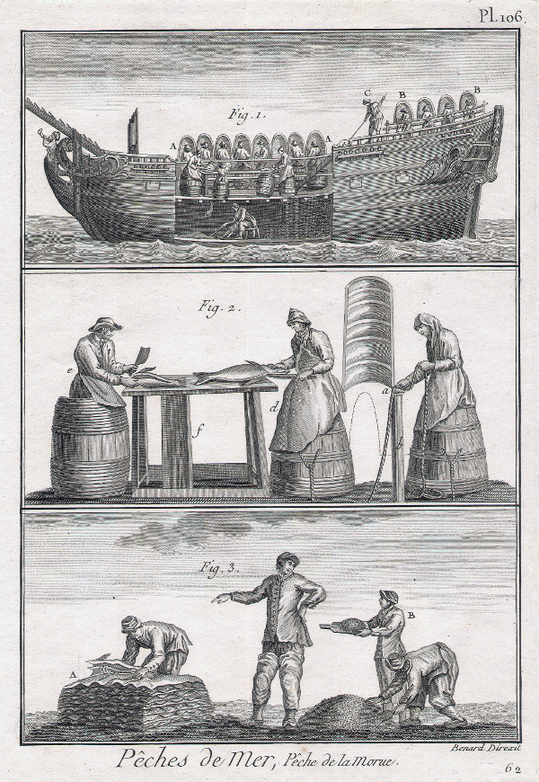 Extrait de la planche 106, « Pêches de mer, pêche de la morue » gravée par Bernard, Traité des pêches de Duhamel du Monceau, édité en 1769-1782. La figure 2 présente « un étal , & à un bout le Décolleur D qui est dans un barril avec son grand tablier de cuir […] ; à l’autre bout de la table est l’Habilleur e, qui est aussi dans un barril avec un petit tablier ; auprès de lui est un tuyau de bois F, dans lequel il jette les morues qu’il a habillées, & elles tombent dans la cale […] ; C, est un ligneur ou lignotier dans son barril B, est la lisse sur laquelle il appuie sa ligne […] »; la figure 3 « A – est un saleur qui met ses morues en premier sel B – sont les mousses qui prennent du sel sur des palettes pour le porter au saleur » - Coll. particulière