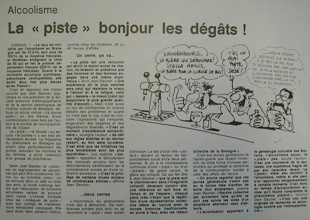 « Alcoolisme. La « piste » bonjour les dégâts ! », Ouest-France, embannadenn Penn-ar-Bed, 27 a viz Even 1986 (pennad kazetenn bet miret e dielloù ANPAA, Pariz)