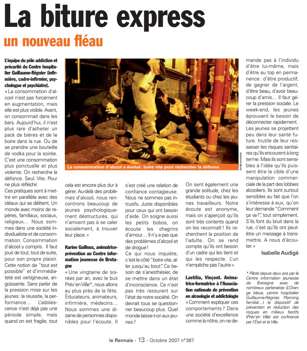 Les ivresses répétées des étudiants marquent les esprits - Isabelle Audigé « La Biture express », Le Rennais, 13 octobre 2007