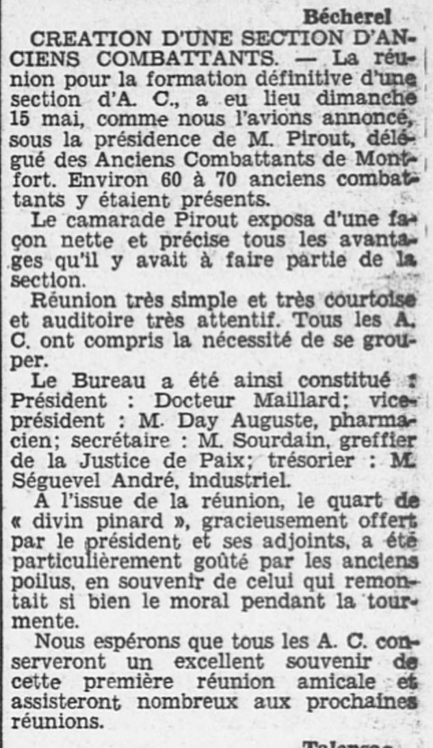 « Bécherel. Création d’une section d’anciens combattants », L’Ouest Éclair, 17 mai 1932.