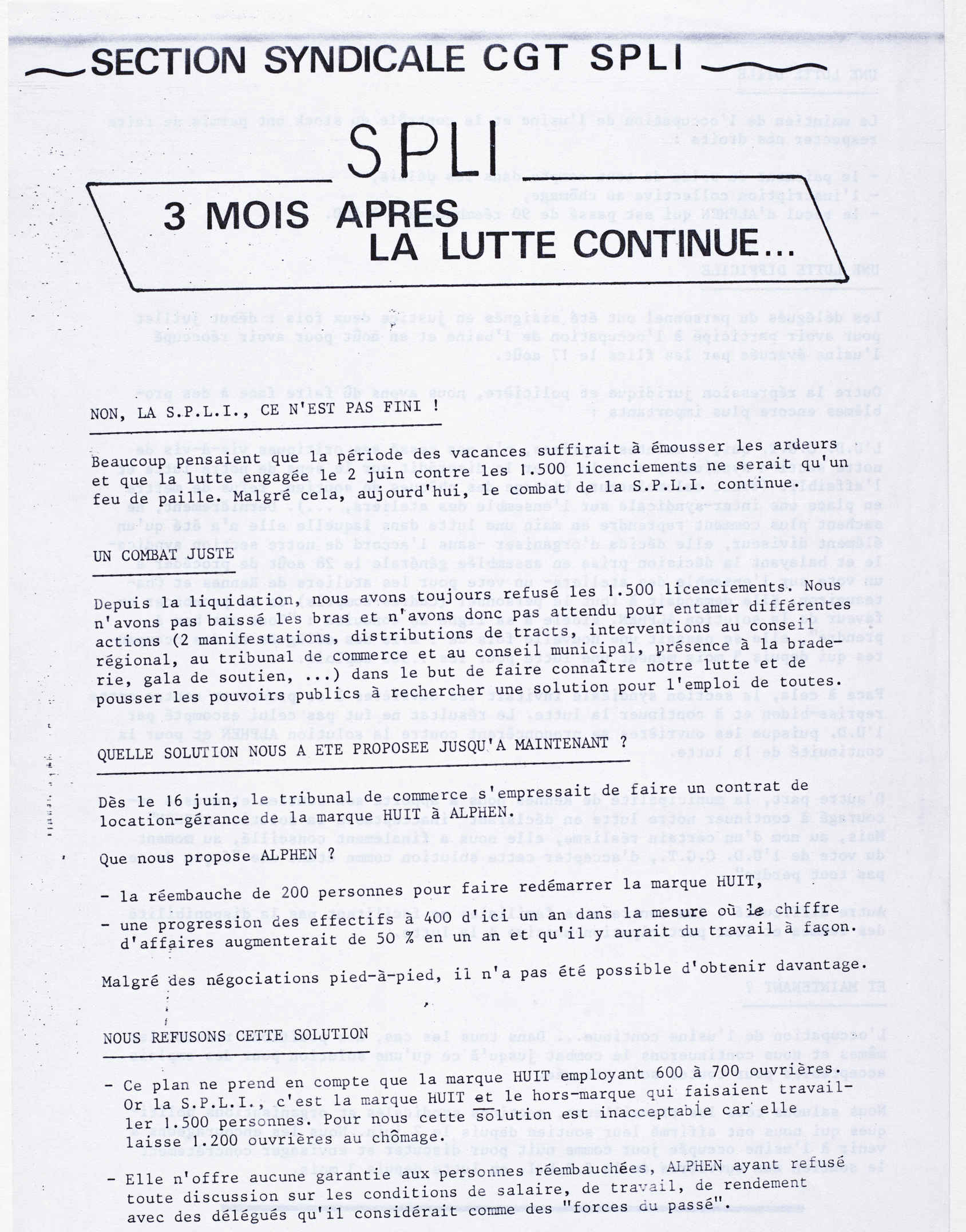 Tract papier distribué en septembre 1978 par la section CGT de la Société parisienne de lingerie indémaillable. Source : Collections du Musée de Bretagne. 