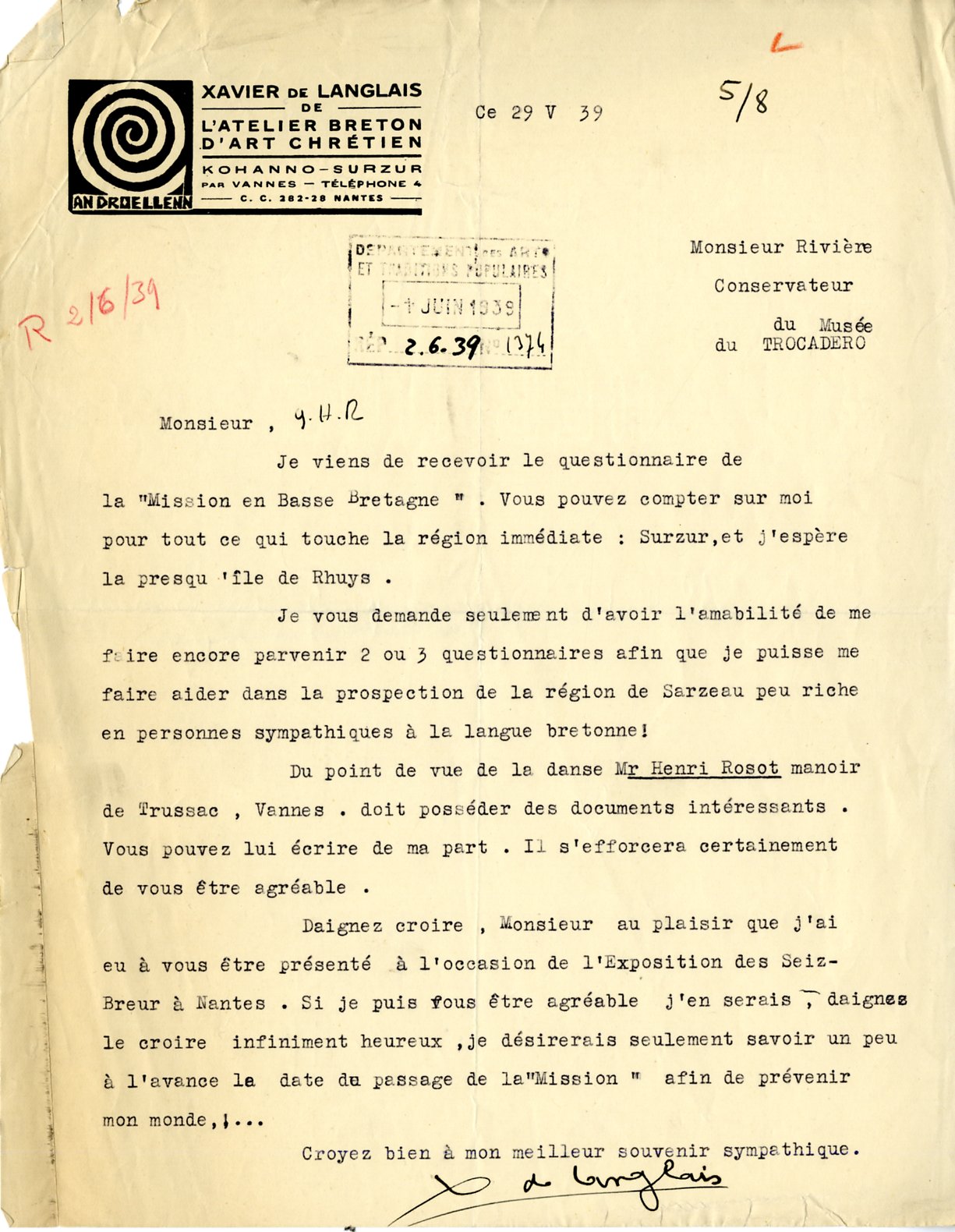 Lettre de réponse au questionnaire envoyée par Xavier de Langlais à Georges Henri Rivière, reçue le 2 juin 1939. Archives nationales (enquête en Basse-Bretagne 1939, FRAN_0062_2557). 