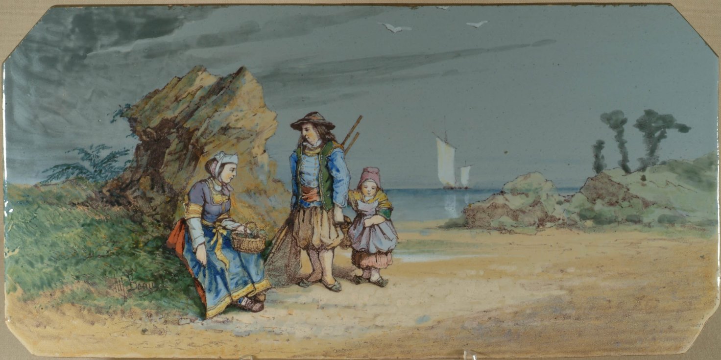 Plaque à décor d’une scène bretonne, pièce unique réalisée par Alfred Beau - Collection Musée de la Faïence Quimper, cliché Gilles Kervella