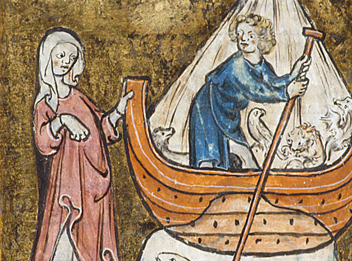 Homme sur un bateau avec des animaux (détail d'une miniature). TheBritish Library: Harley 4417 f. 46.