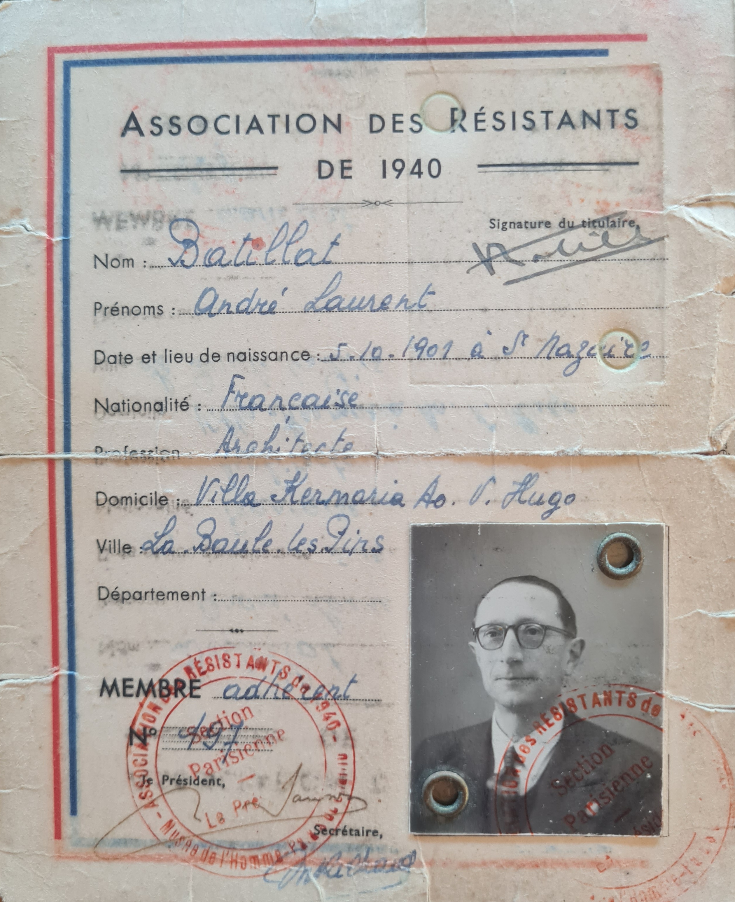 Carte de résistant d’André Batillat. 1940, Réseau du Musée de l’Homme. Source : Collection Françoise Horveno. 