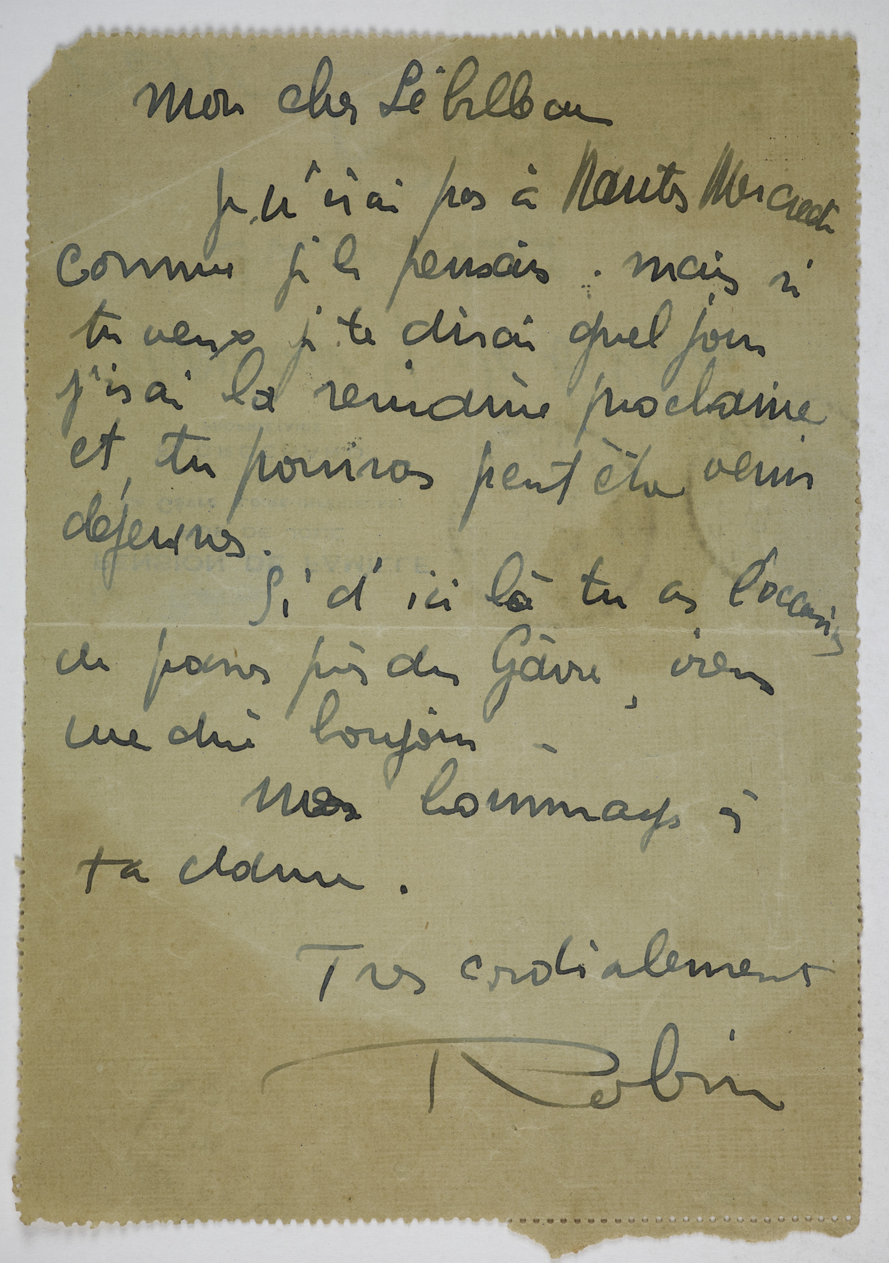 Lettre de Georges Robin à Gaston Sébilleau, également membre des Seiz Breur, en juillet 1928. Source : collections du Musée de Bretagne. Numéro d'inventaire : 2006.0007.67