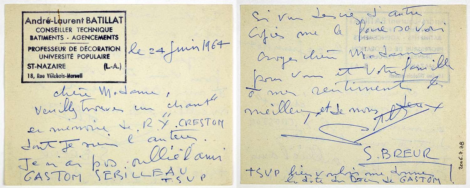 Carte d’André Batillat le 24 juin 1964, où sont mentionnés René-Yves Creston, Gaston Sébilleau et les Seiz Breur. Source : Collections du Musée de Bretagne. 